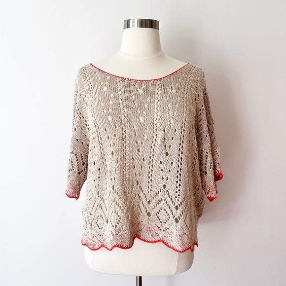 Sundance Tops - Sundance Beige Openwork Knit Blouse with Orange Trim, Casual Beach Coastal
